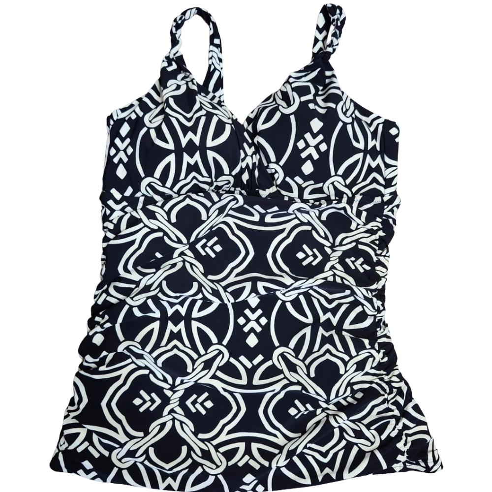 Lands' End Navy and White Geometric One-Piece Swimsuit